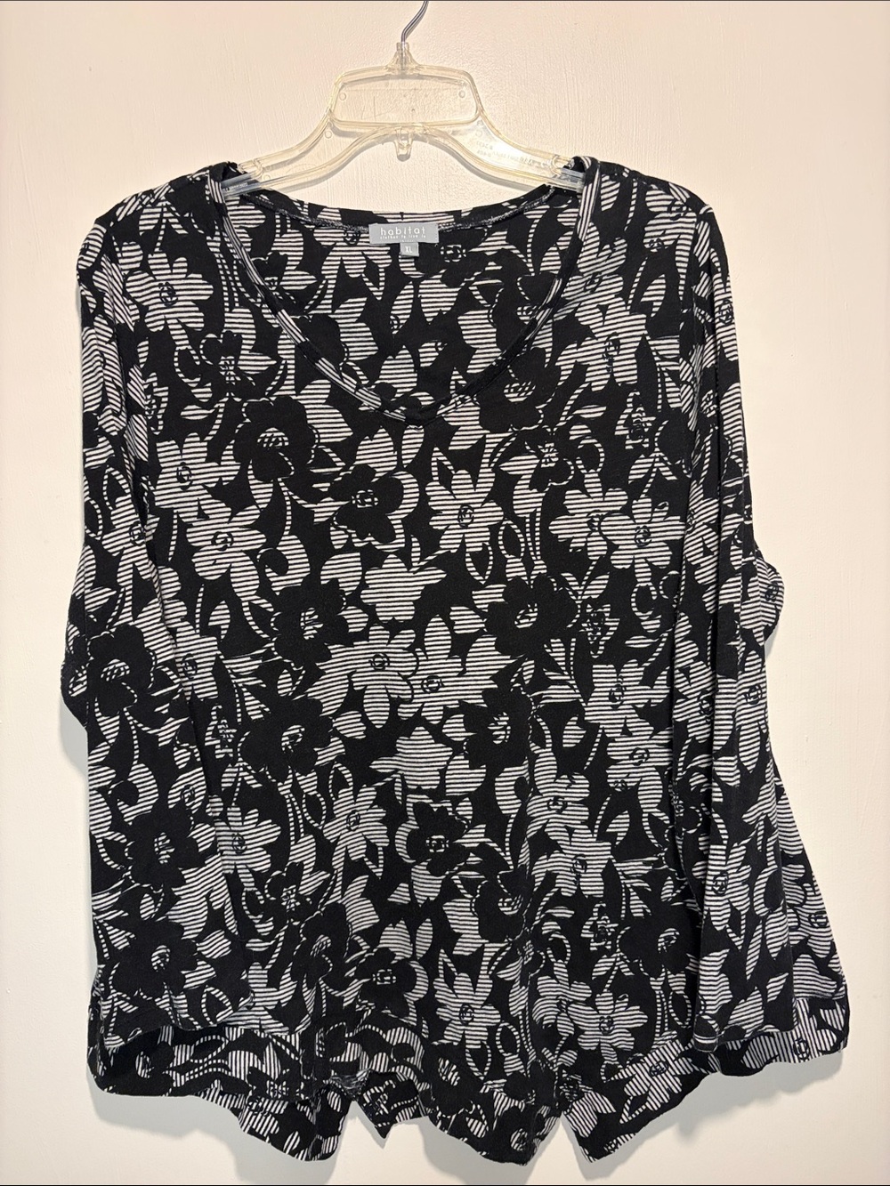 Habitat 100% Cotton Black Cream Asymmetrical Hem Floral Long Sleeve Blouse XL